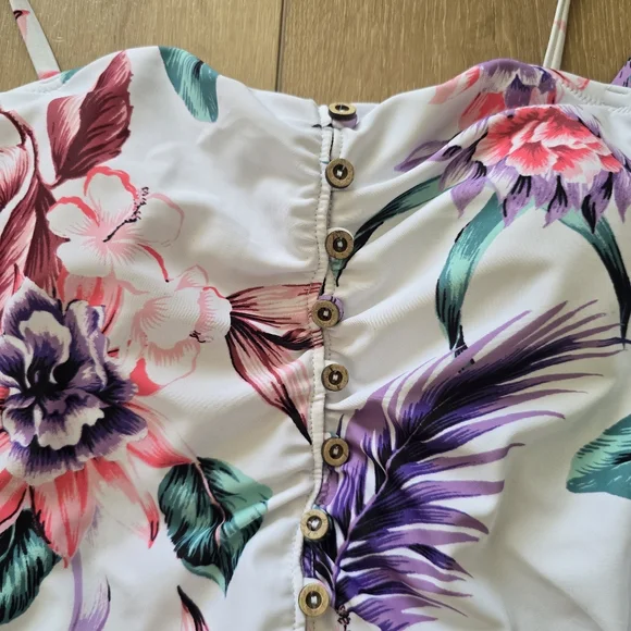 Jessica Simpson Floral Print Button One Piece Swimsuit - Picture 3 of 9